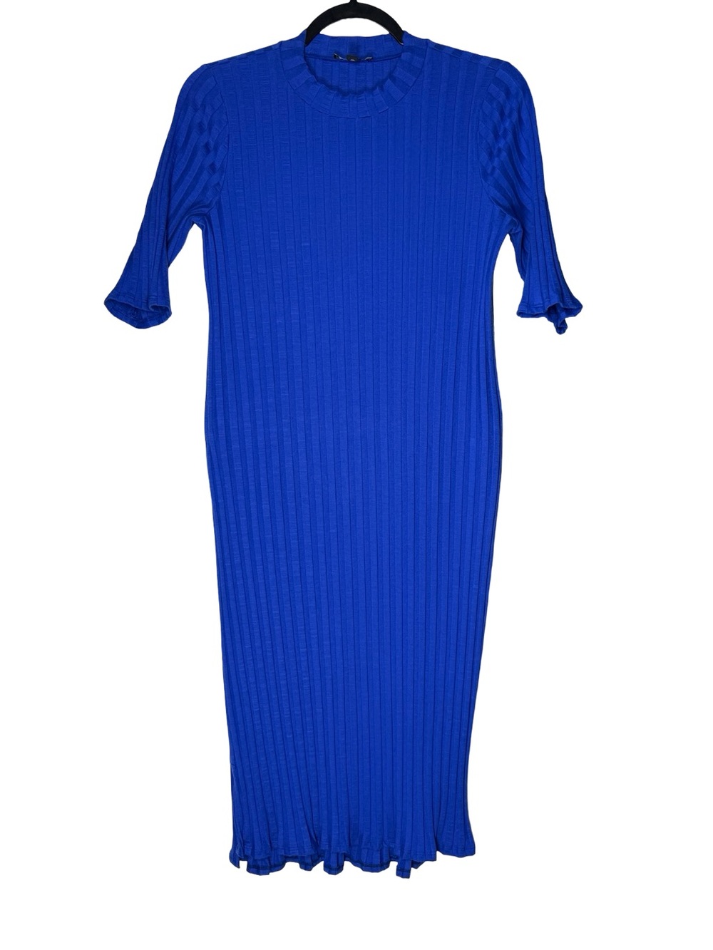 Eileen Fisher Blue Ribbed Midi Dress Medium Mock Neck Minimalist Quiet Luxury